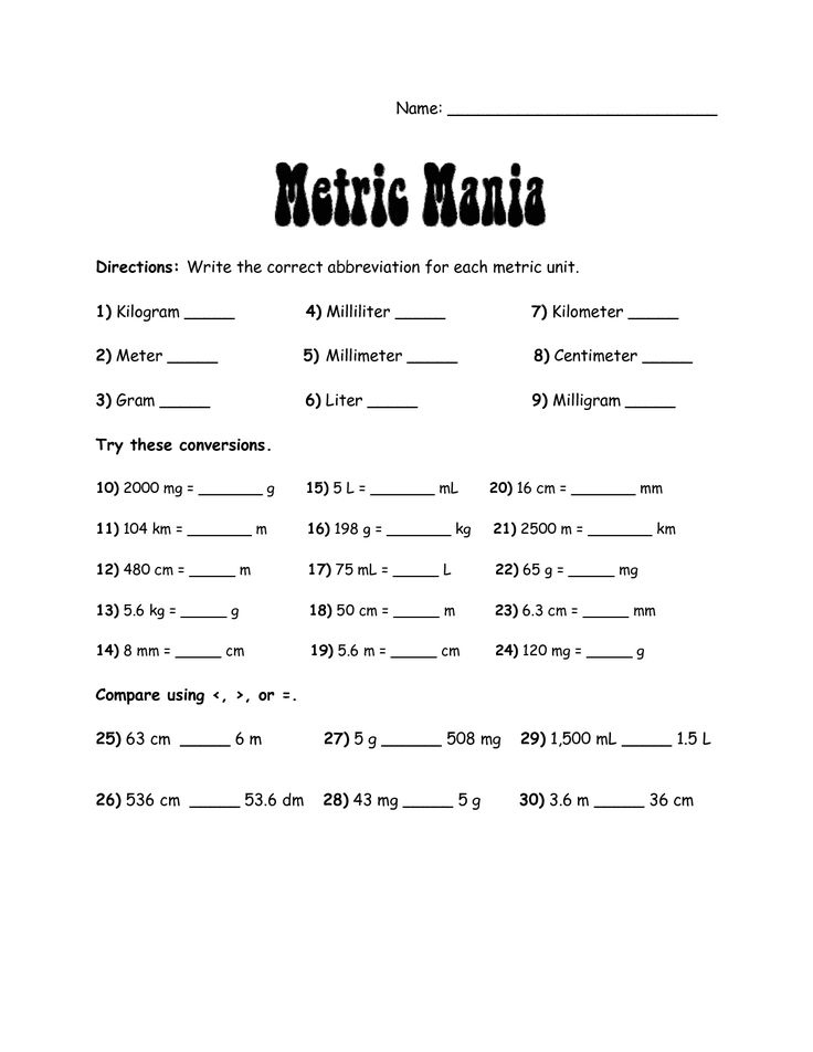 Metric Mania conversion worksheet on white page