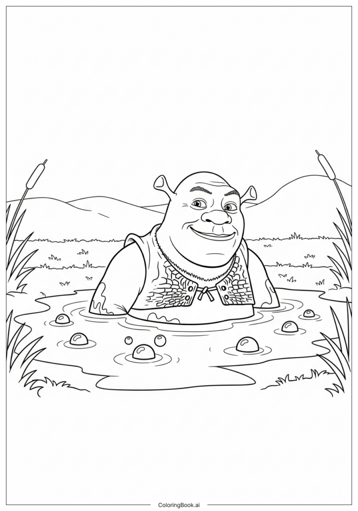 Shrek sitting in a swamp, black-and-white drawing