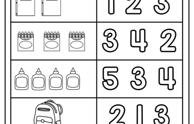 Black-and-white counting worksheet with pictures and numbers