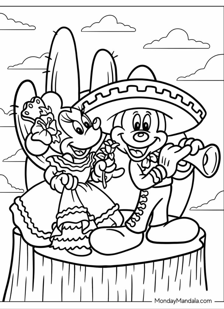 Black-and-white cartoon mice in sombreros on stump stage