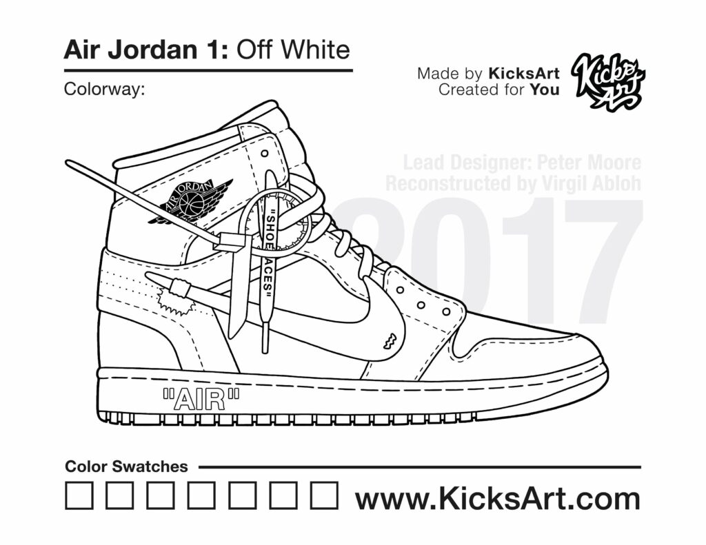 Black-and-white sneaker coloring page with text labels
