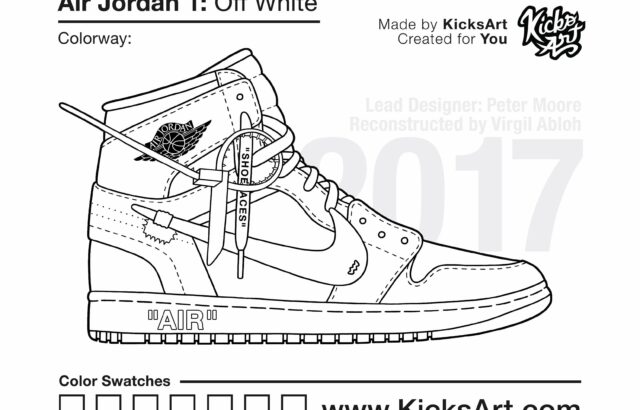 Black-and-white sneaker coloring page with text labels