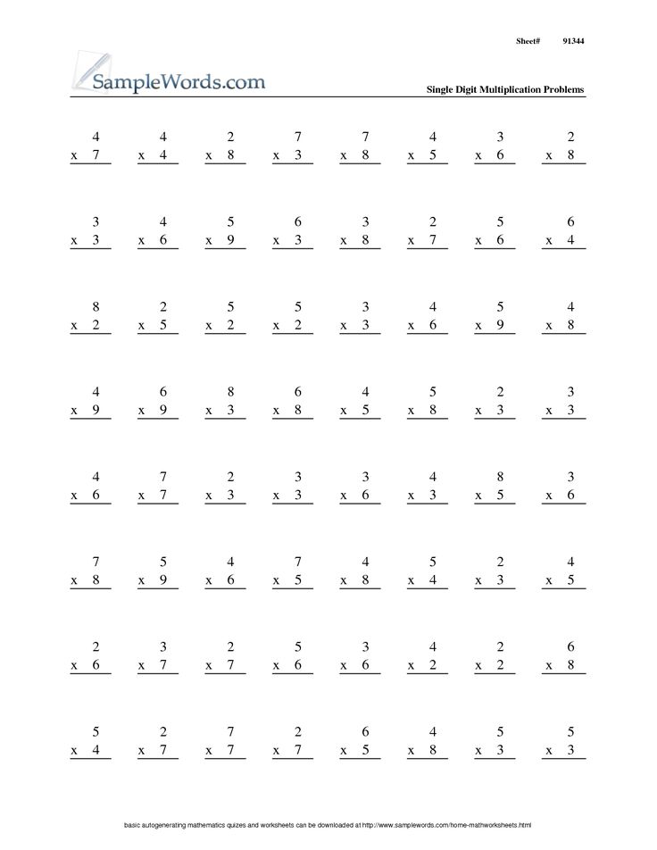 Printed single-digit multiplication worksheet with many problems