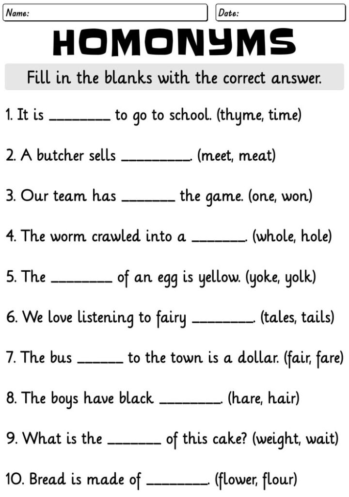 Homonyms fill-in-the-blank worksheet with ten questions