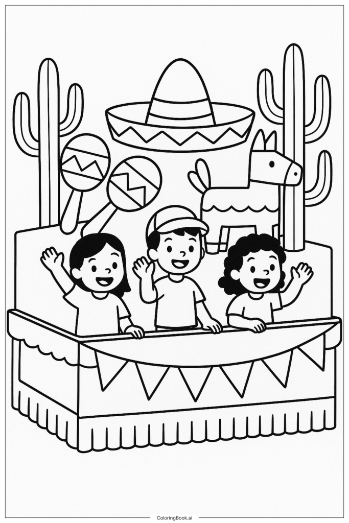 Children waving on a decorated float with cactus and sombrero