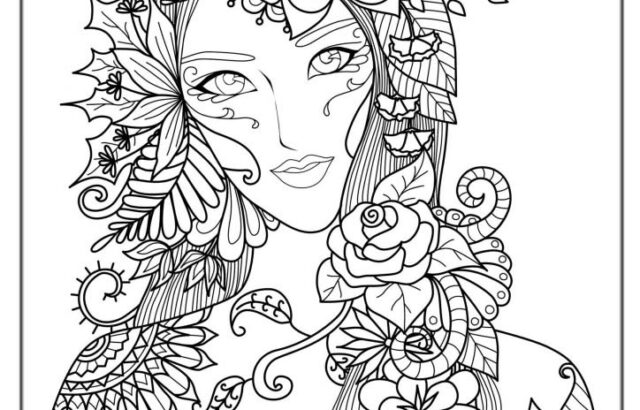 Black-and-white floral line drawing of a woman