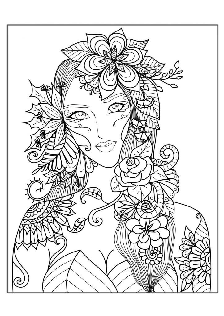 Black-and-white floral line drawing of a woman