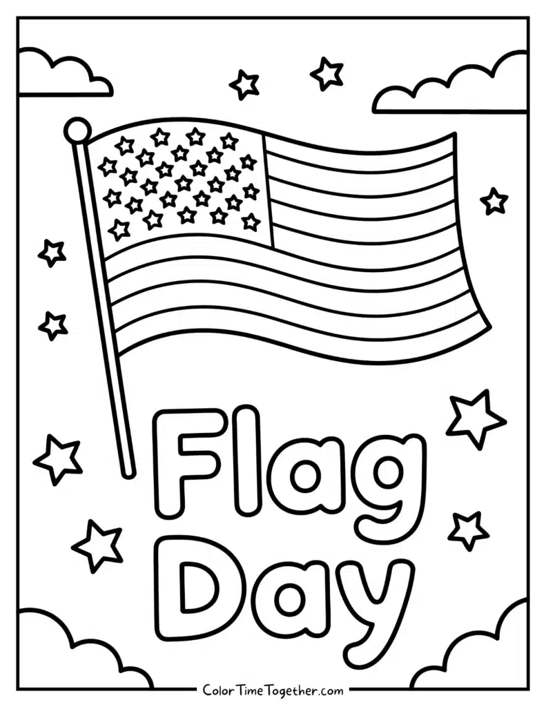 American flag coloring page with stars and Flag Day text