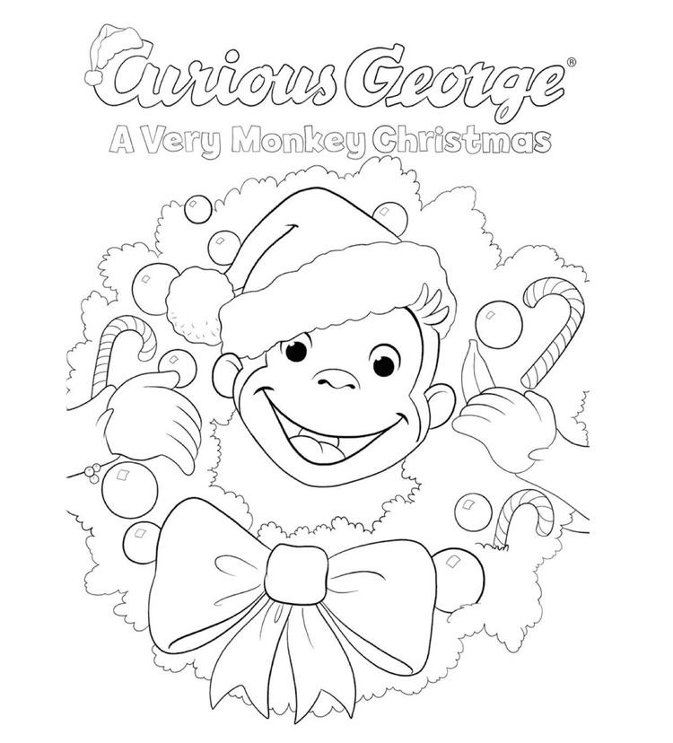 Curious George Christmas coloring page with smiling monkey face