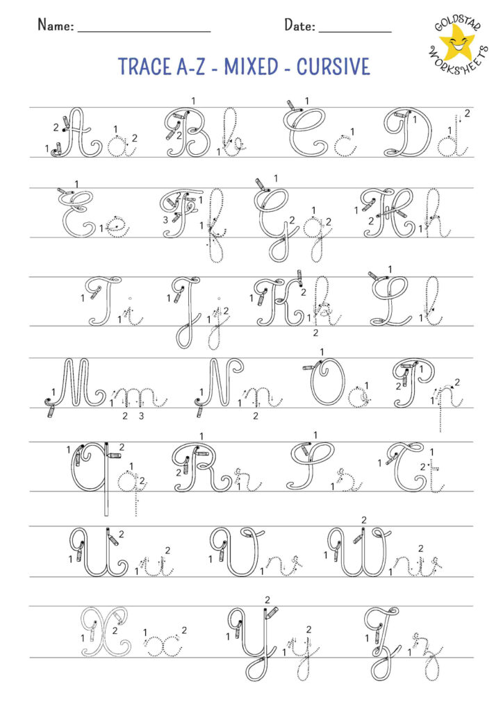 Cursive alphabet tracing worksheet with letters and lines