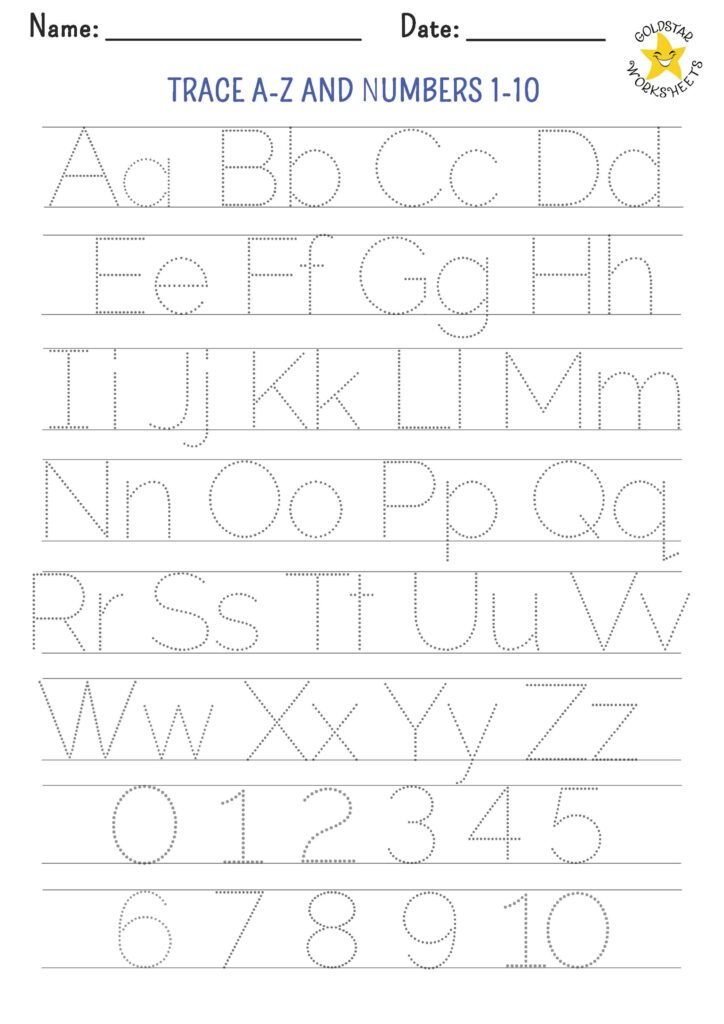 Alphabet and number tracing worksheet with dotted letters and numbers