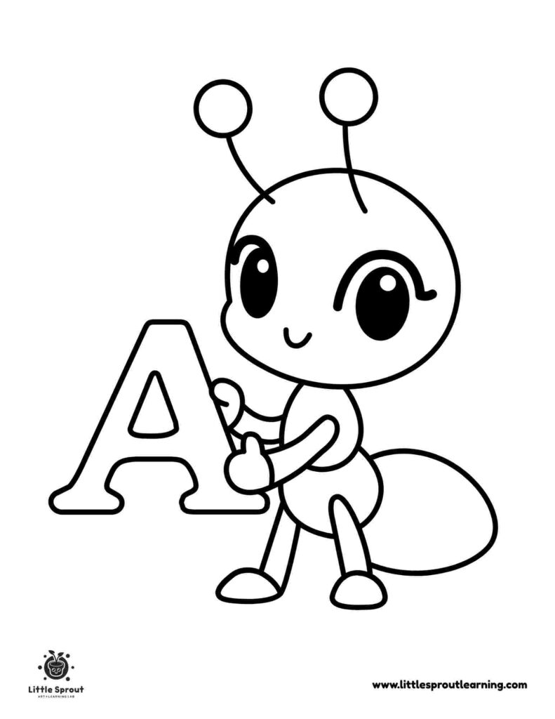 Cartoon ant holding a large letter A