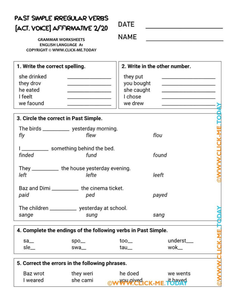 English grammar worksheet about past simple irregular verbs
