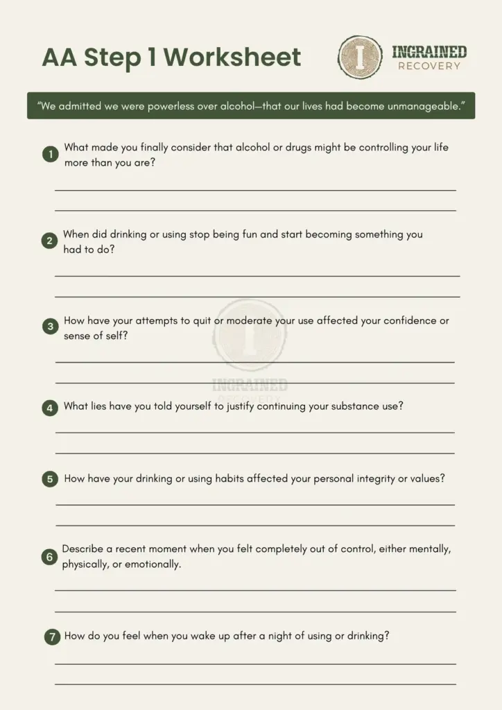 AA Step 1 worksheet with seven questions