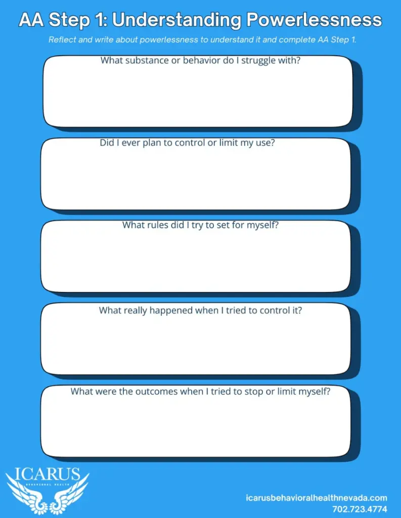 Blue AA Step 1 worksheet with blank prompts