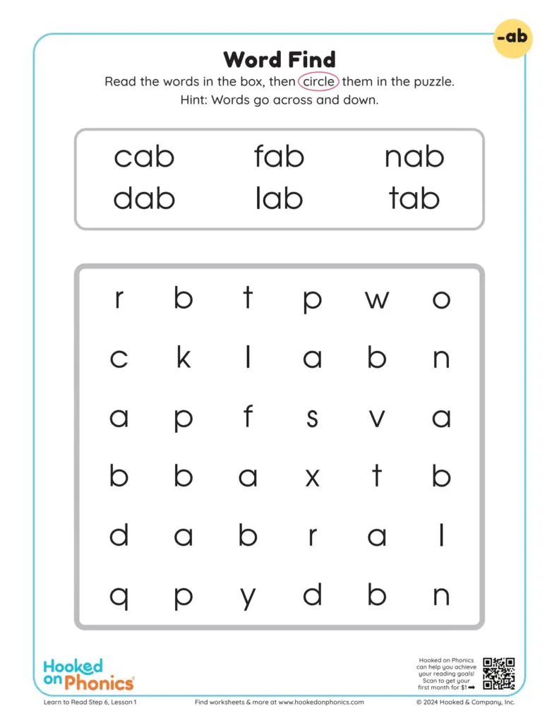 Phonics word-find worksheet with letter grid and words list