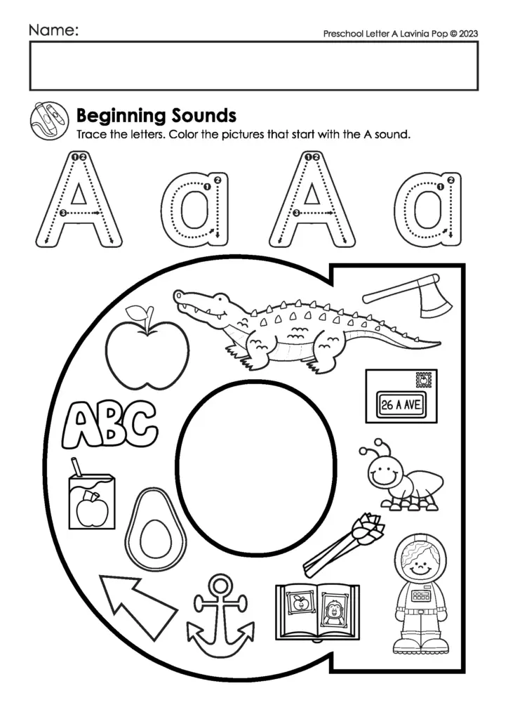 Preschool letter A tracing worksheet with pictures to color