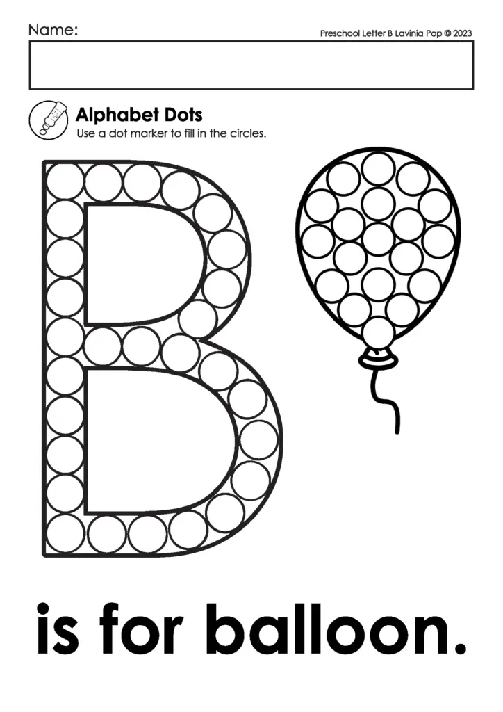 Preschool worksheet with dotted B and balloon illustration