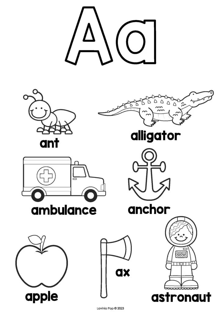 Alphabet A page with animal and object drawings