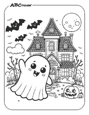 Cartoon ghost in front of haunted house with bats and pumpkin