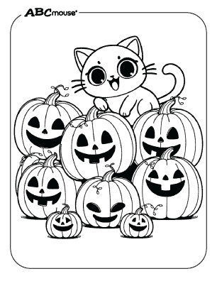 Cartoon kitten among stacked smiling jack-o'-lanterns