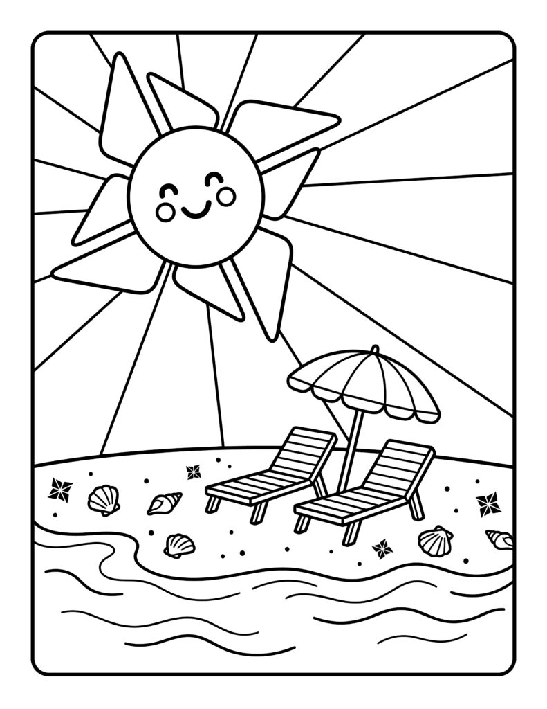 Smiling sun over beach chairs and umbrella