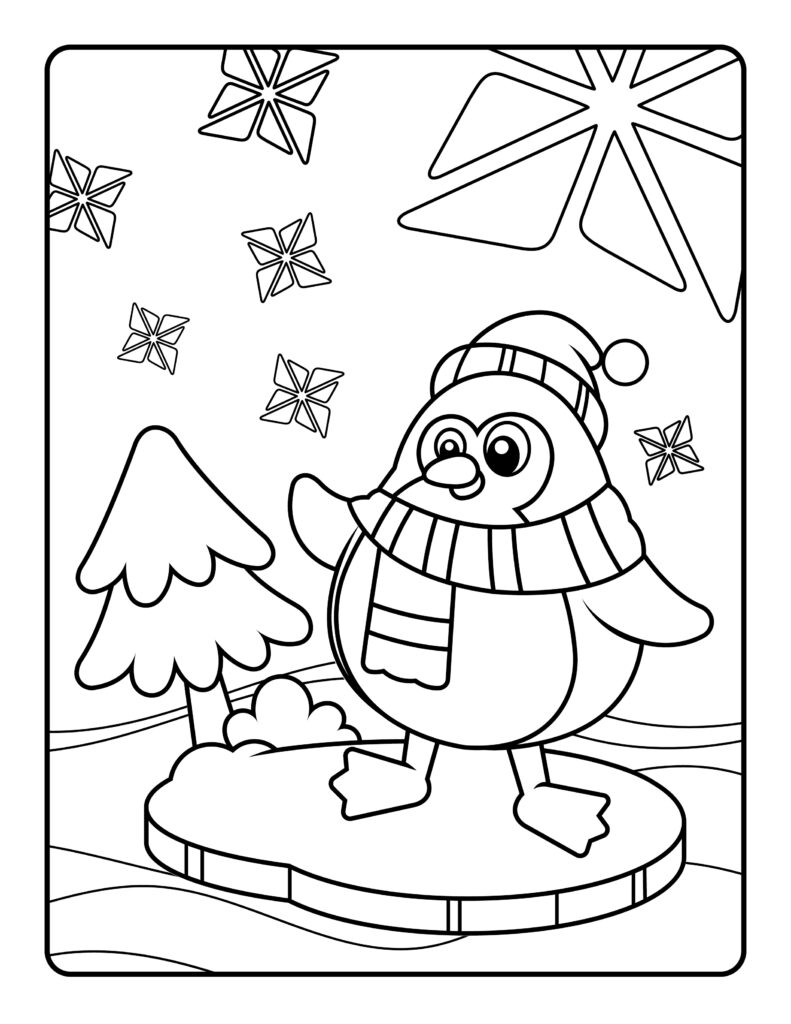 Penguin in winter hat and scarf on ice