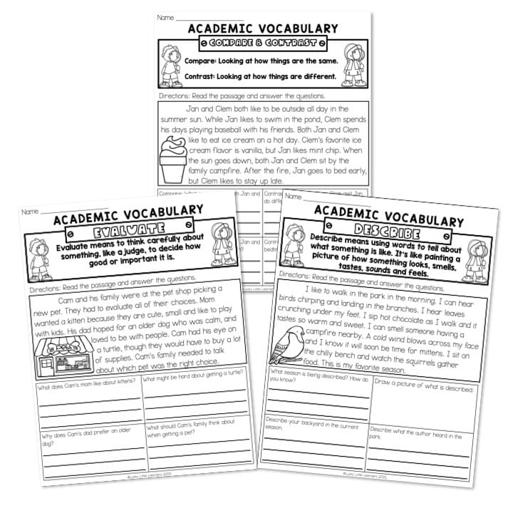 Three overlapping academic vocabulary worksheet pages on white background