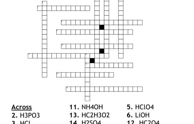 Acid-base naming crossword worksheet with chemical formulas