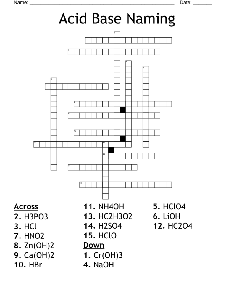 Acid-base naming crossword worksheet with chemical formulas