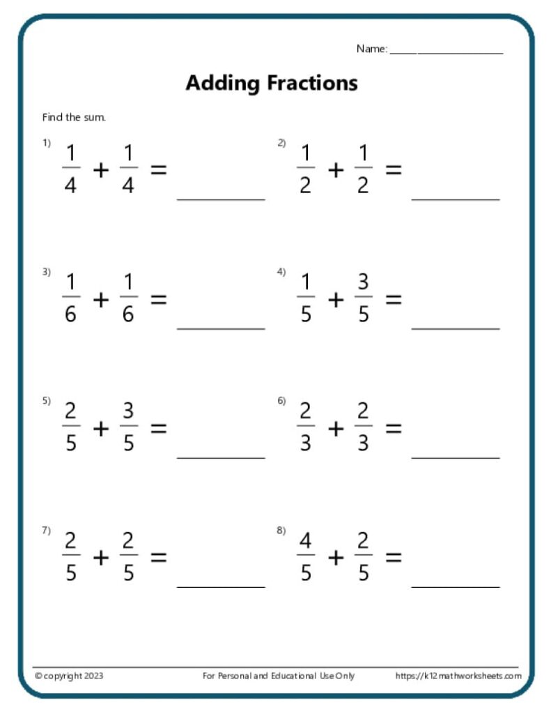 Adding fractions worksheet with eight problems