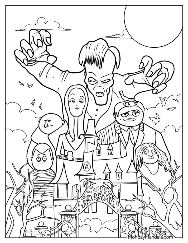 Black-and-white Halloween castle coloring page with spooky family characters