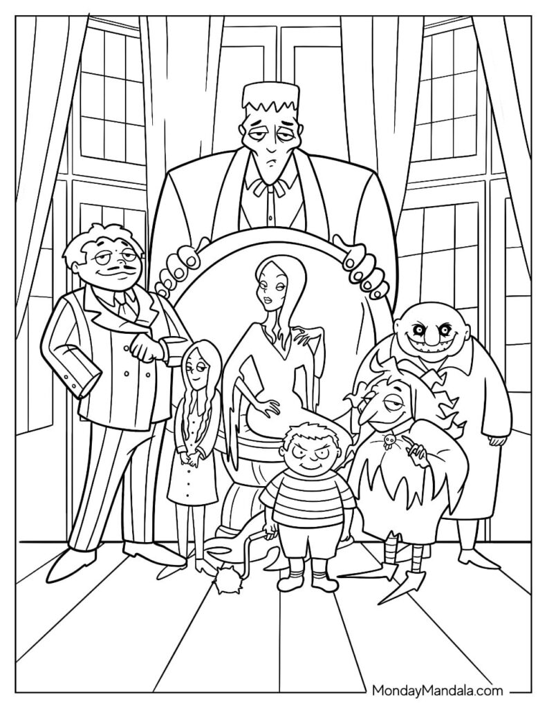 Black-and-white Addams Family characters posing indoors around chair