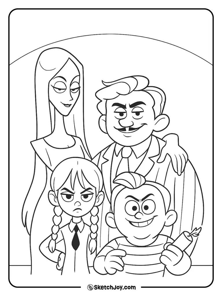 Black-and-white cartoon family portrait with four characters inside border