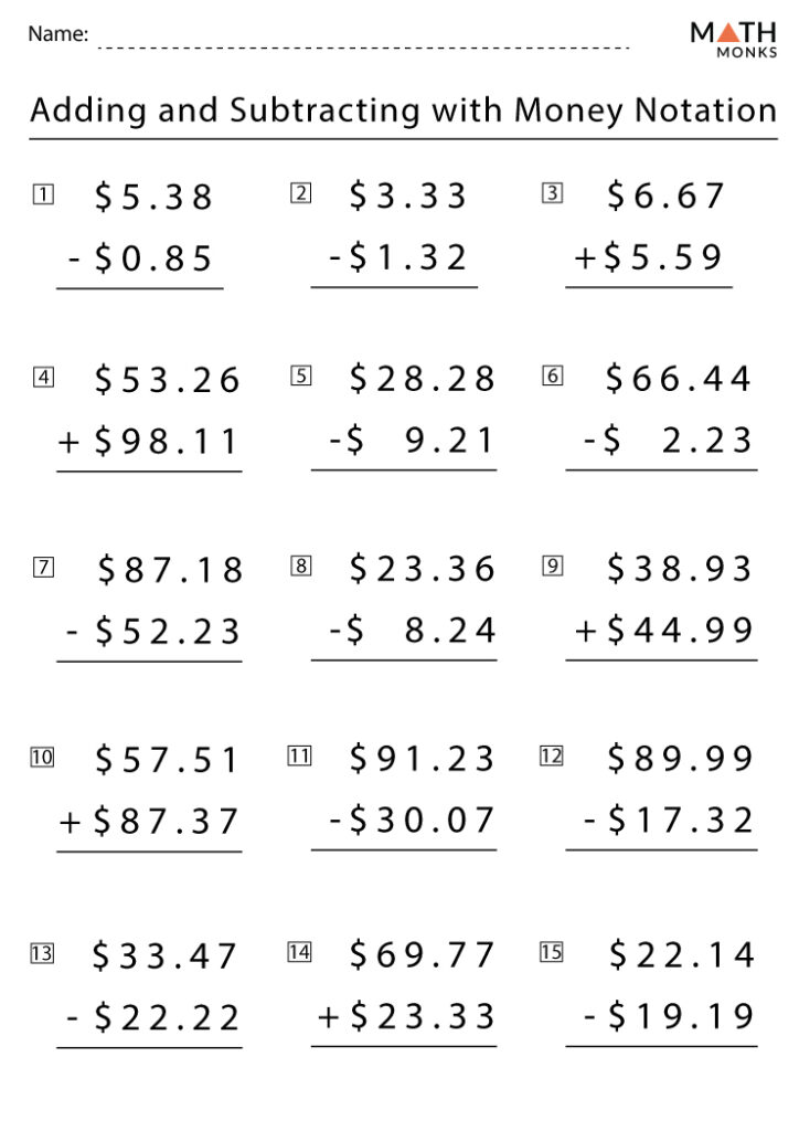 Money addition and subtraction worksheet with fifteen problems