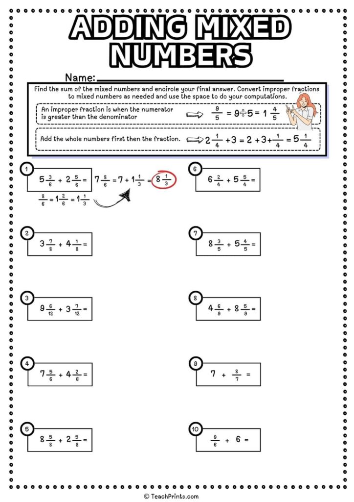 Adding mixed numbers math worksheet page