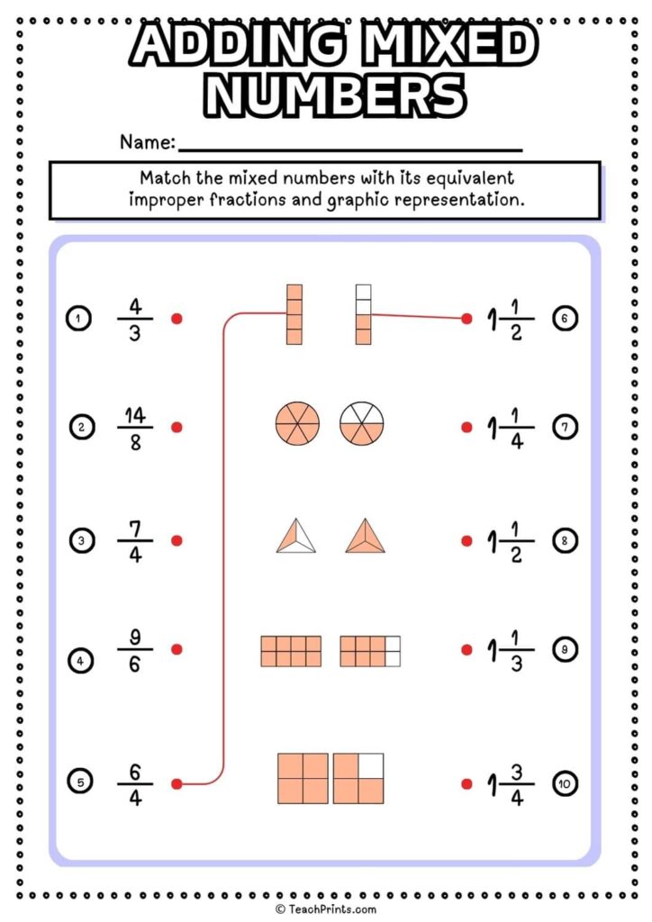 Mixed numbers worksheet with fractions and shaded shapes