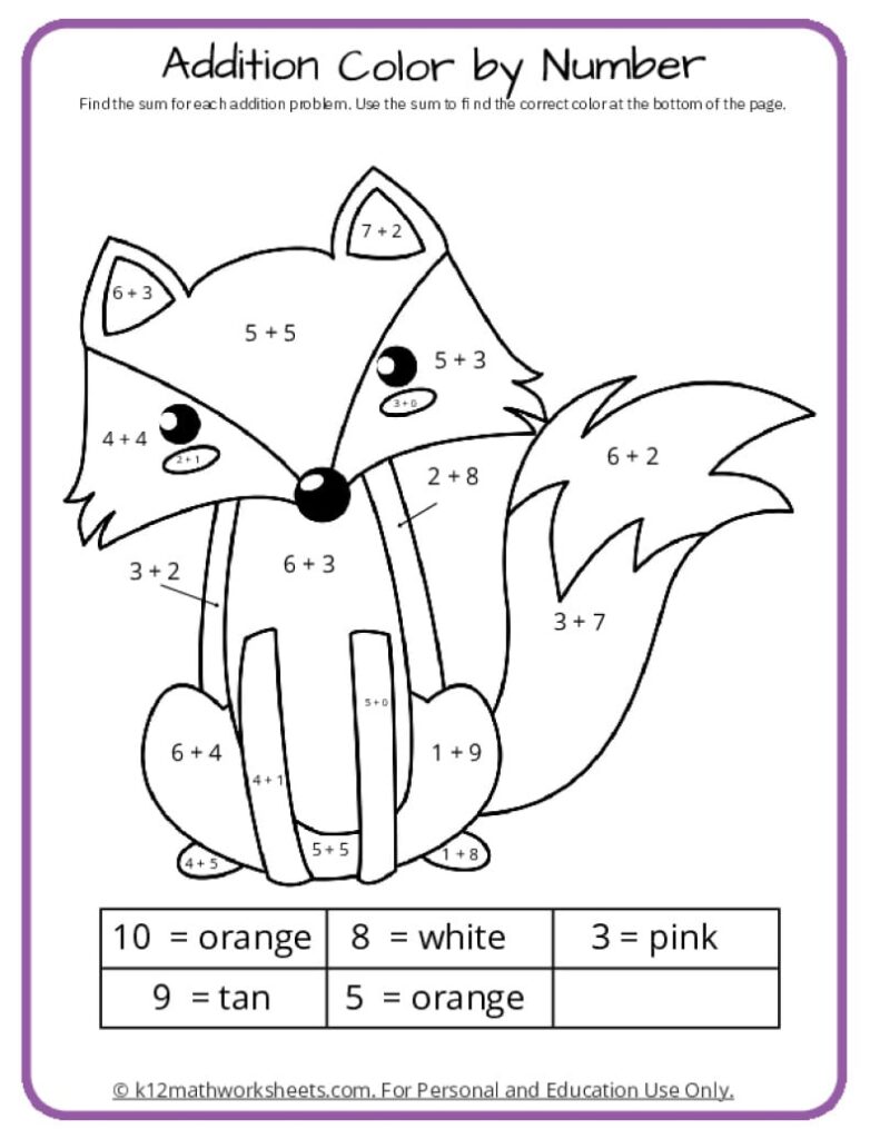 Addition color-by-number fox worksheet page