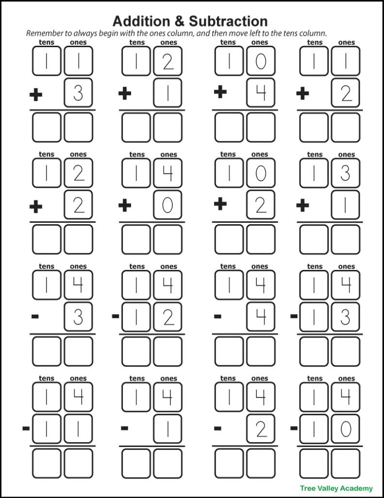 Addition and subtraction worksheet with vertical problems