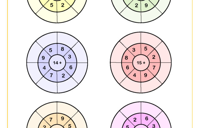 Colorful addition wheel math worksheet with six circles