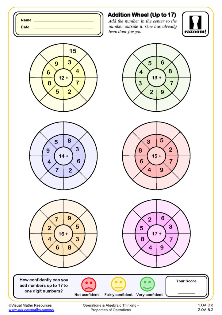 Colorful addition wheel math worksheet with six circles