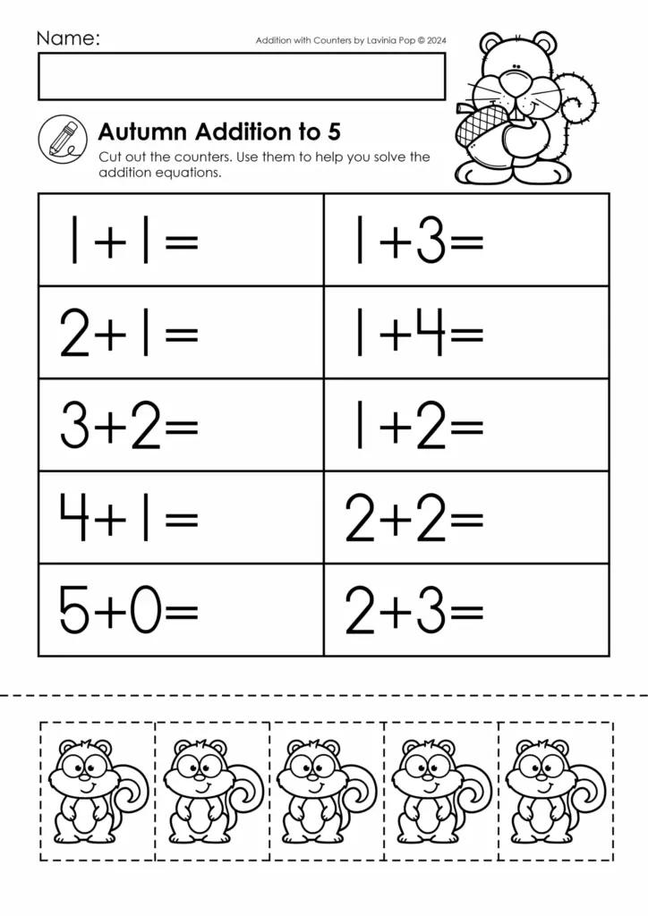Printable autumn addition worksheet with cartoon squirrels