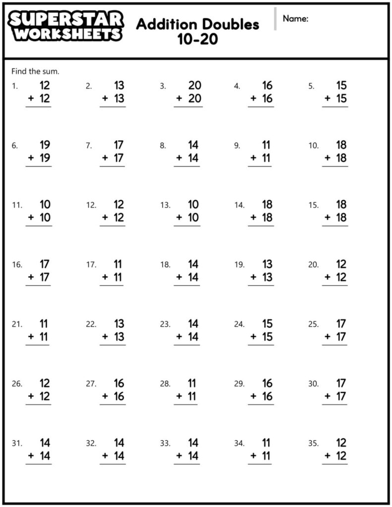 Addition doubles worksheet with numbered problems and blank lines