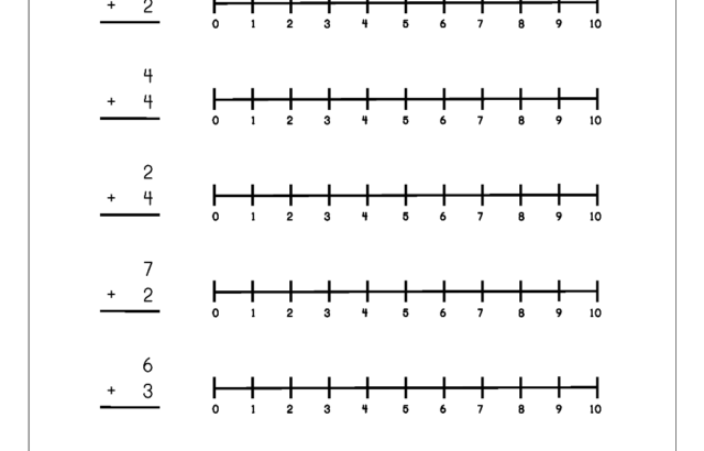 Addition worksheet with number lines and equations