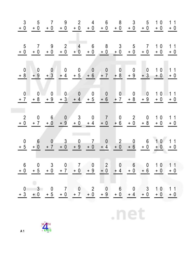 Math addition worksheet with numbers and plus signs