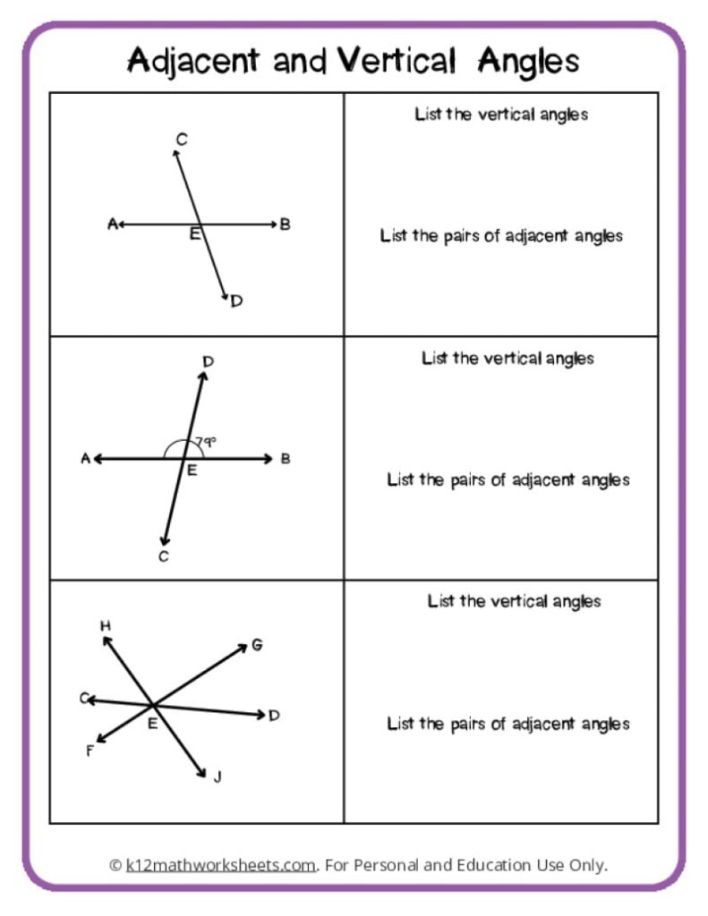 Geometry worksheet with angle diagrams and blank answer spaces