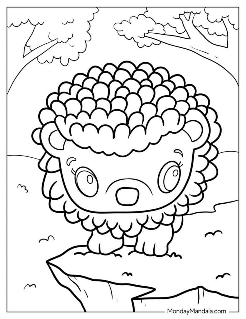 Cartoon sheep standing on rocky ledge outdoors, coloring page