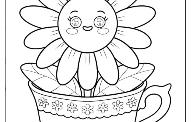 Cute flower in decorative teacup coloring page