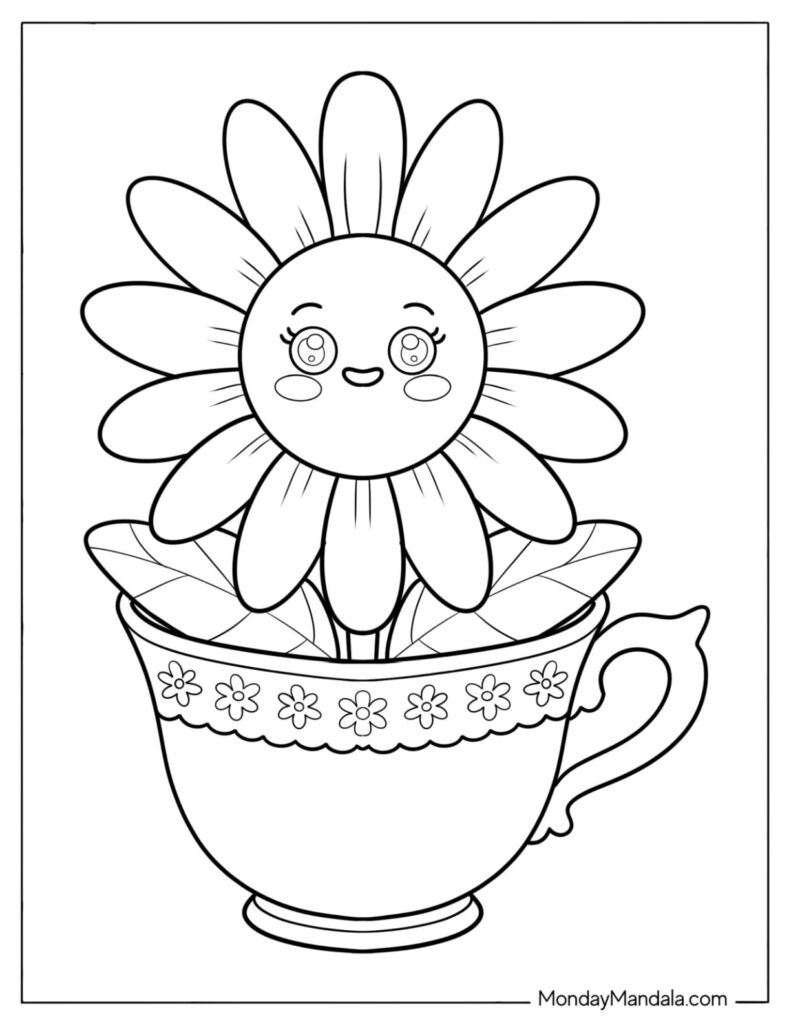 Cute flower in decorative teacup coloring page