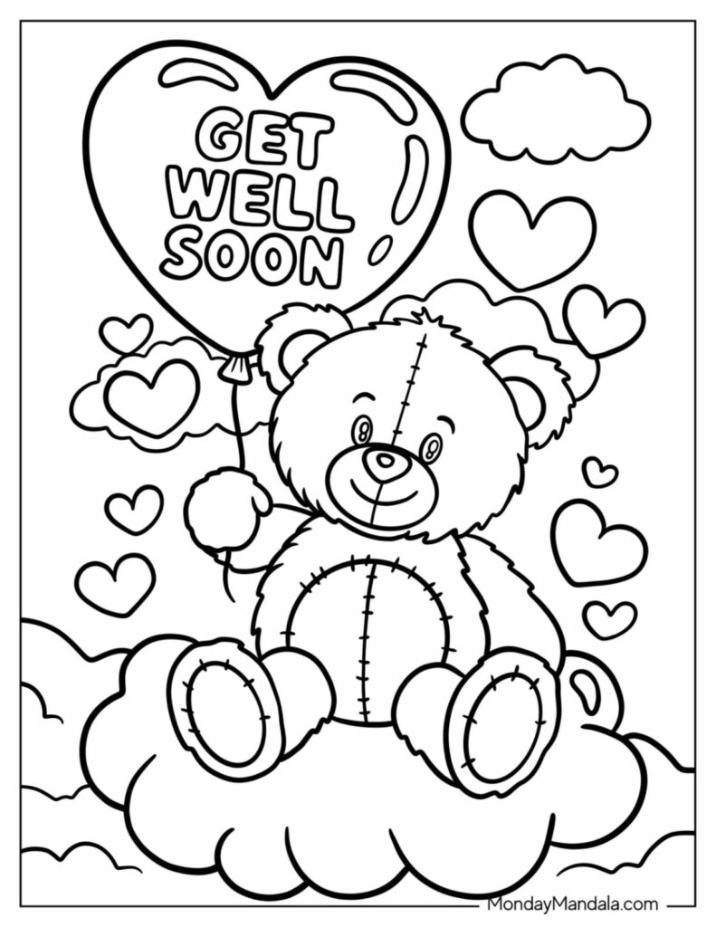 Teddy bear holding balloon saying get well soon